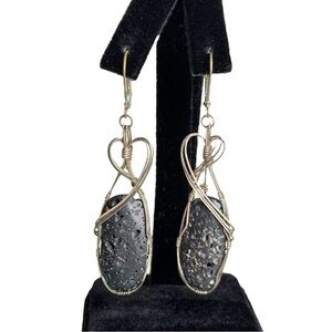 Vintage Sterling Silver Black Moldavite Wire Wrapped Earrings